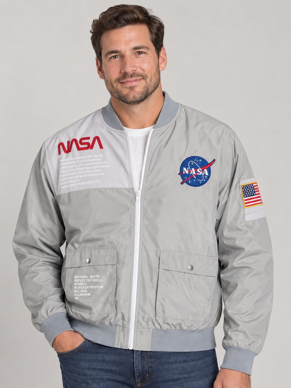 ASSTseries NASA Silver Reflective 3M Bomber/Flight Jacket - Size XXL